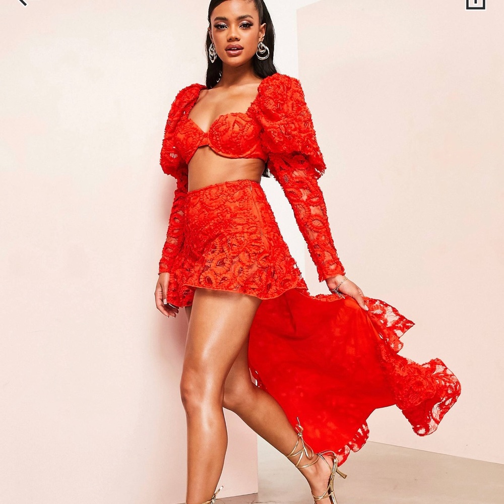 ASOS Luxe Lace long sleeve crop top with puff sleeve Part of A Set